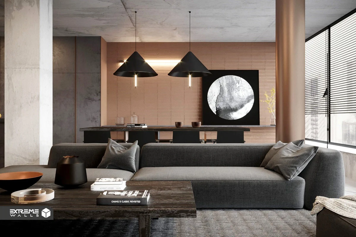 دیزاین منزل با رنگ مسی و طوسی روشن فضای مدرنی را ایجاد می کند
