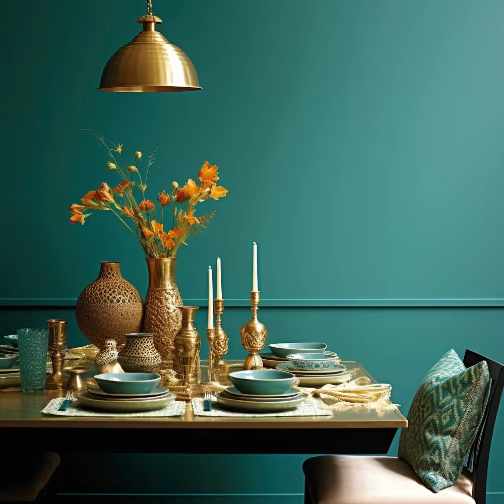 The combination of gold and turquoise color in interior decoration