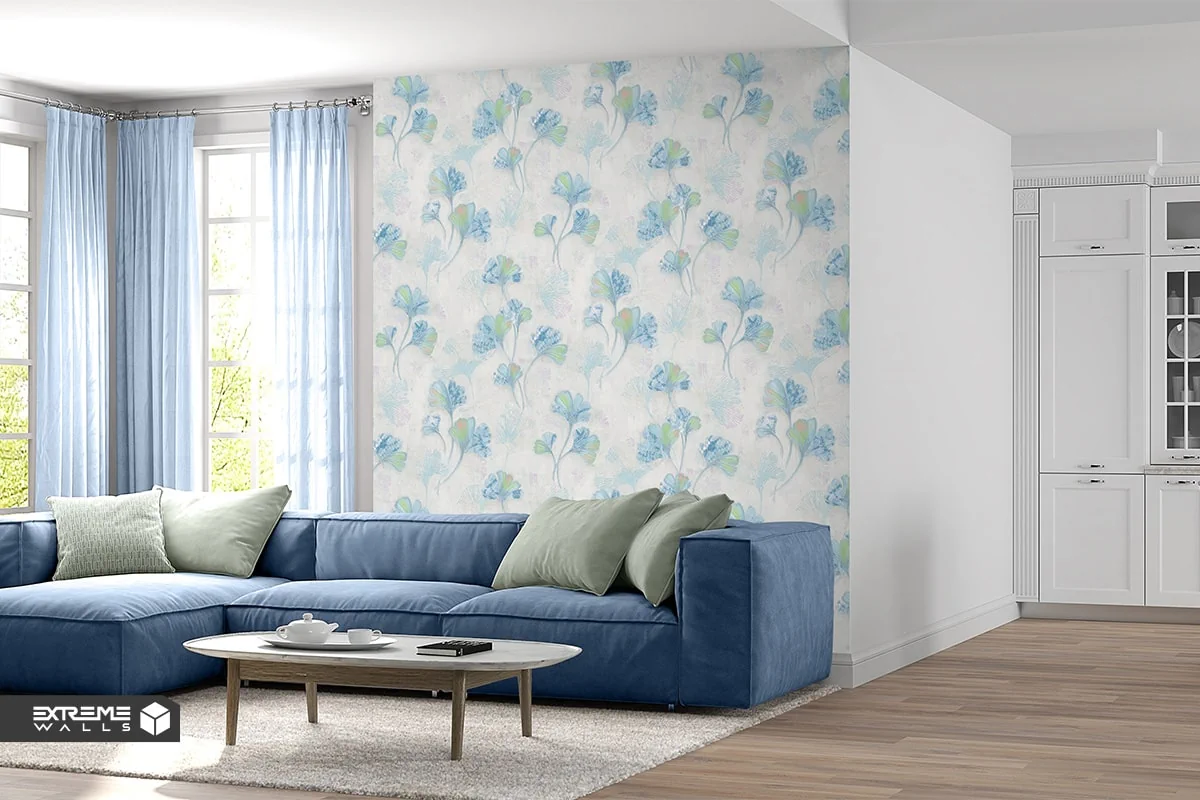 کاغذ دیواری آبی گلدار در طراحی دکوراسیون منزل