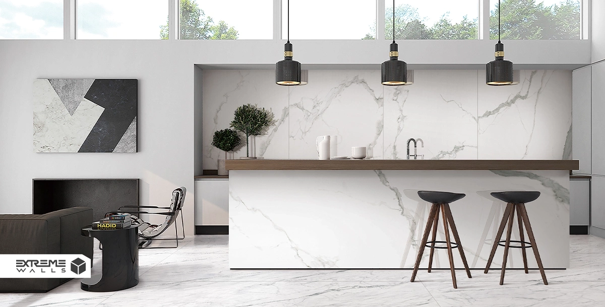 قوانین طلایی در طراحی دکوراسیون آشپزخانه مدرن 11 دکوراسیون آشپزخانه مدرن بتا کانتر و میز جزیره مرمر و سنگی