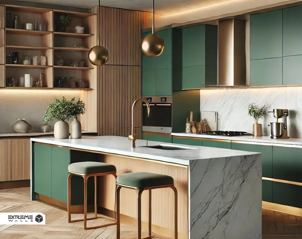 قوانین طلایی در طراحی دکوراسیون آشپزخانه مدرن 5 دکوراسیون آشپزخانه مدرن با کابینت جزیره مرمر و سنگی