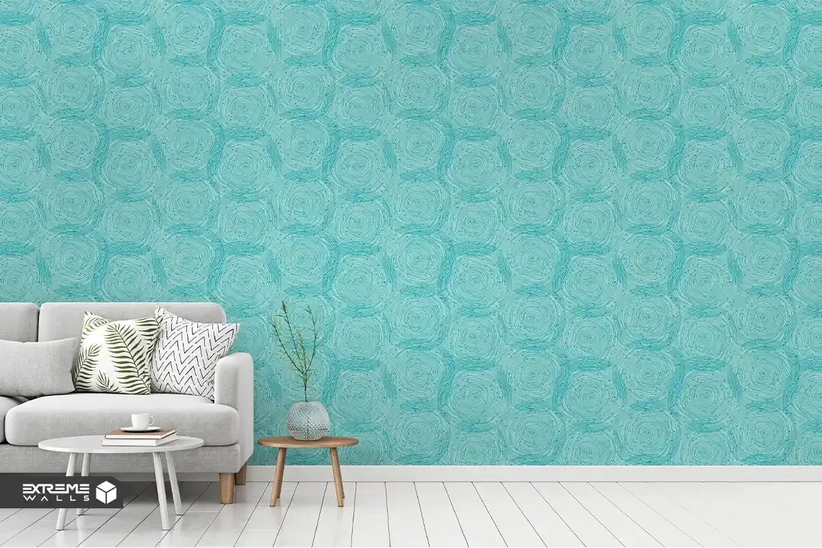 کاغذ دیواری آبی فیروزه ای با مبلمان طوسی روشن 