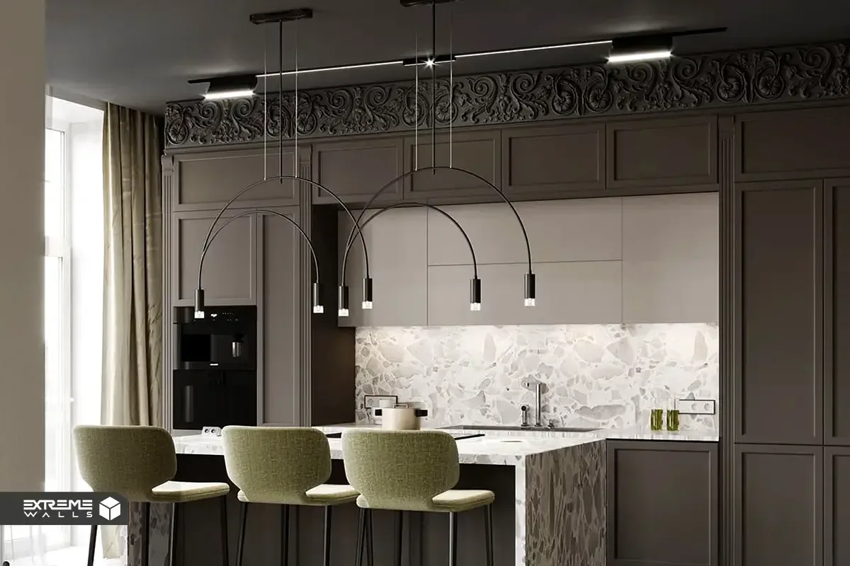 نمای نزدیک از جزییات کابینت نئوکلاسیک با ظاهری باوقار و ساده 