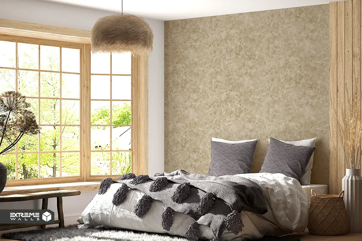 ترکیب کاغذ دیواری و پنل های چوبی روستیک مناسب خانه‌های چوبی