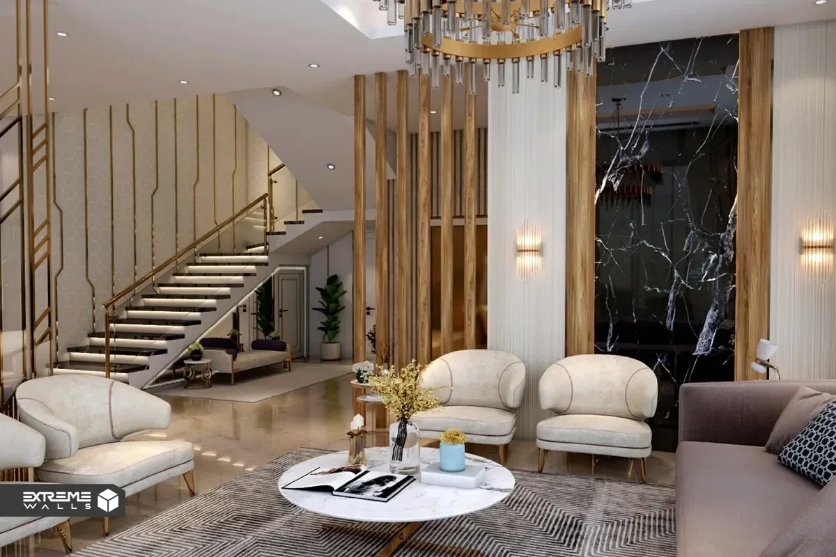 طراحی دکوراسیون لاکچری برای نوروز 1404 3 سنگهای طبیعی و چوبهای گرانبها در دکوراسیون لاکچری نوروز