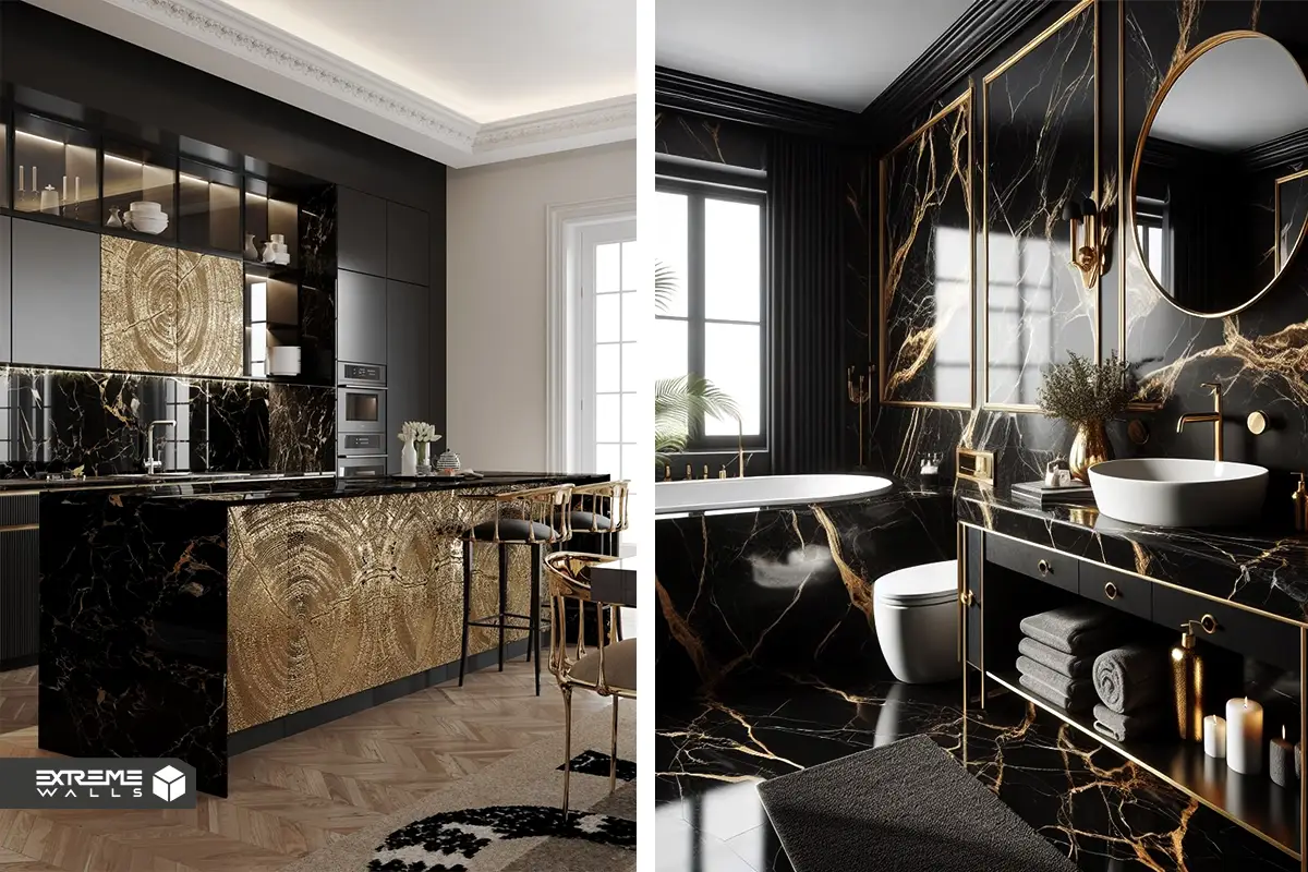 "انتخاب جزییات طلایی و مشکی برای دکوراسیون آشپزخانه و حمام" 