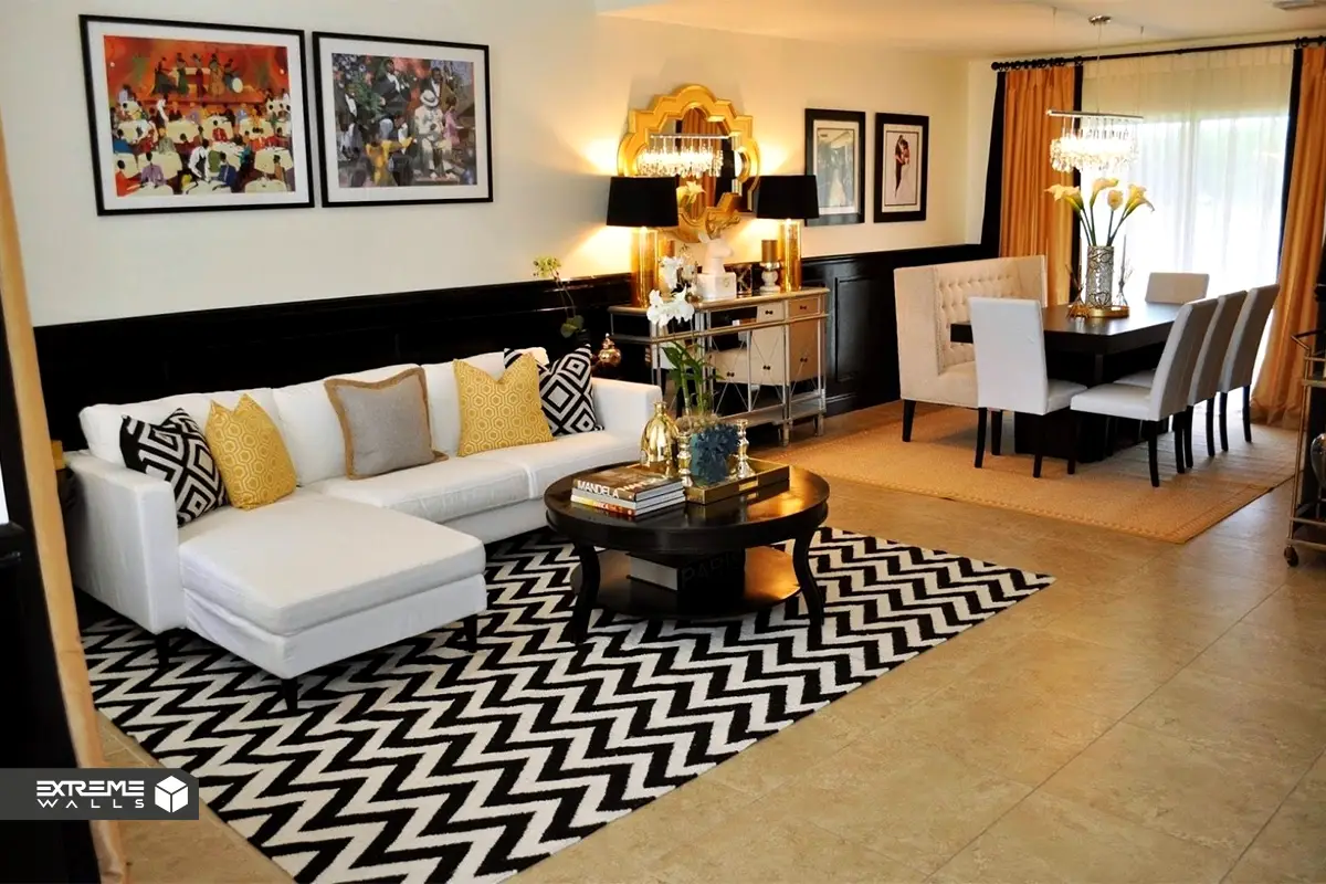 "دکوراسیون مشکی و طلایی خانه: ایجاد عمق و گرما با کفپوش طلایی" 