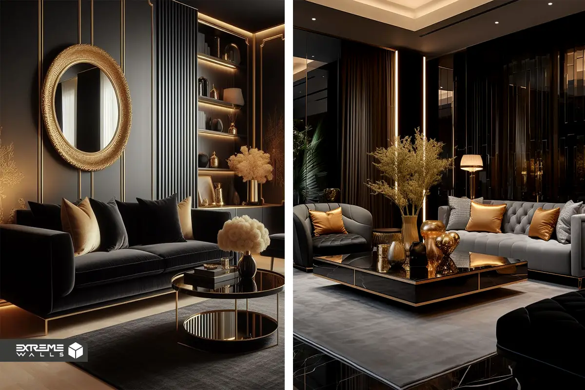 "گلدان‌های طلایی و گل‌های طبیعی در دکور منزل مشکی طلایی" 