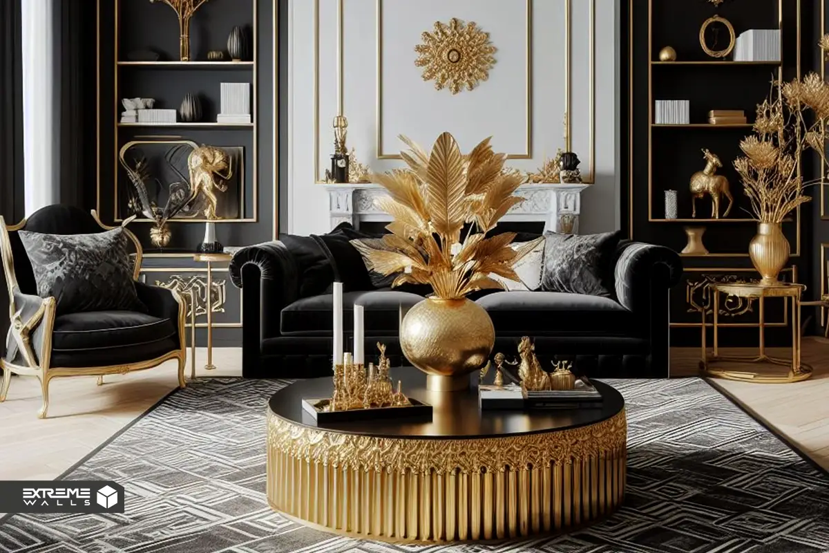 "ترکیب مبلمان طلایی و مشکی برای ایجاد دکوراسیونی مجلل" 