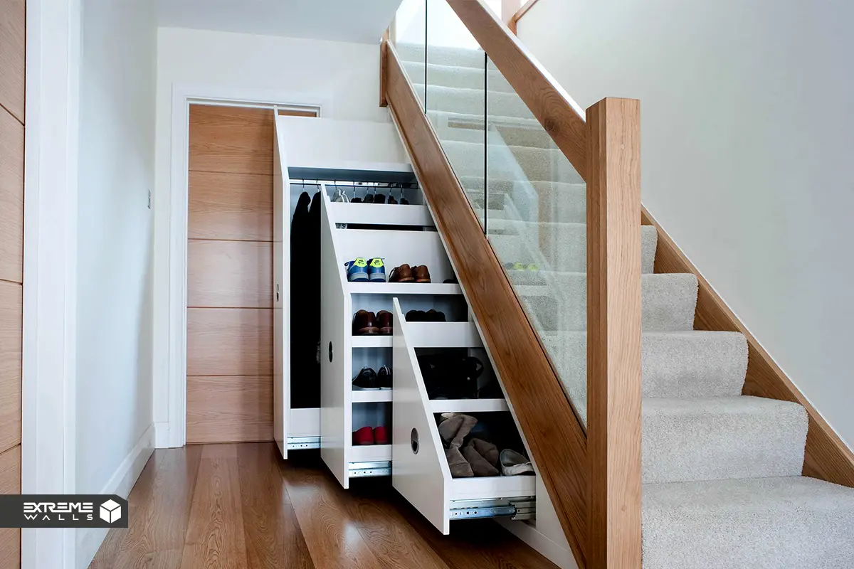 طراحی فضای زیر پله برای ساخت کمد و انباری با درب‌های مخفی و منظم 