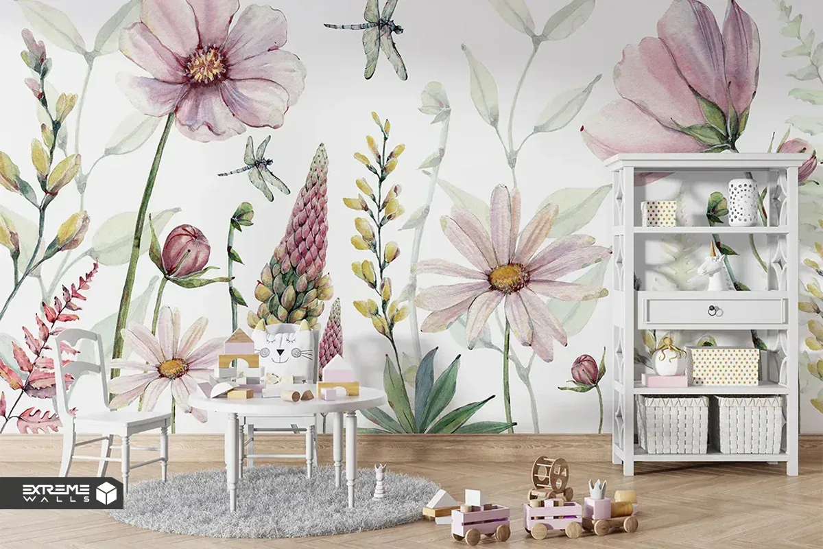  کاغذ دیواری برای مهدکودک طرح گلدار به رنگ صورتی 
