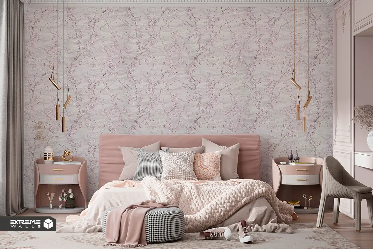تاثیر انتخاب کاغذ دیواری اتاق خواب در بهبود کیفیت خواب 12 طراحی دیوار پشت تخت خواب با کاغذ دیواری گلدار و رنگهای ملایم پاستلی