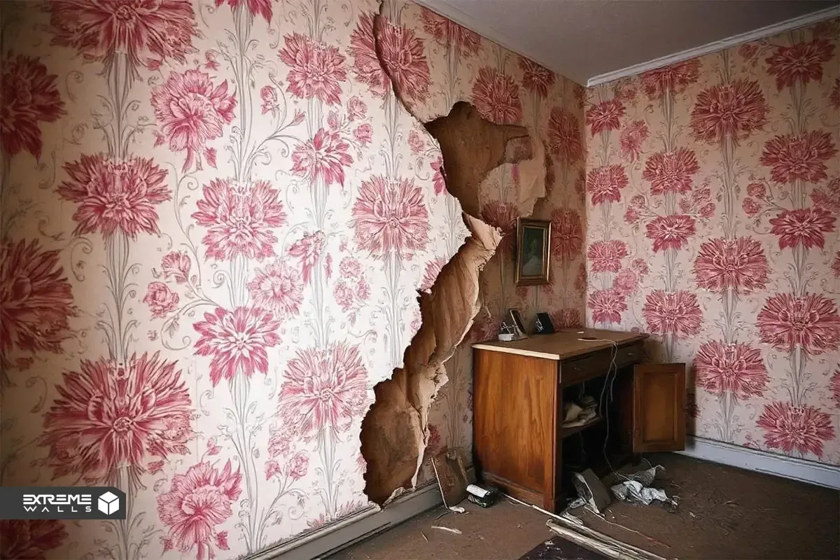 کاربردی ترین روش های ترمیم کاغذ دیواری پاره شده و آسیب دیده 26 نمای نزدیک از کاغذ دیواری آسیب دیده به دلیل رطوبت زیاد در محیط