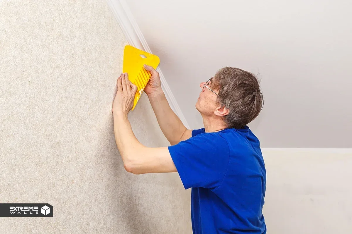 کاربردی ترین روش های ترمیم کاغذ دیواری پاره شده و آسیب دیده 23 نمای نزدیک از فردی در حال صاف کردن کاغذ دیواری از مرکز به سمت گوشهها.