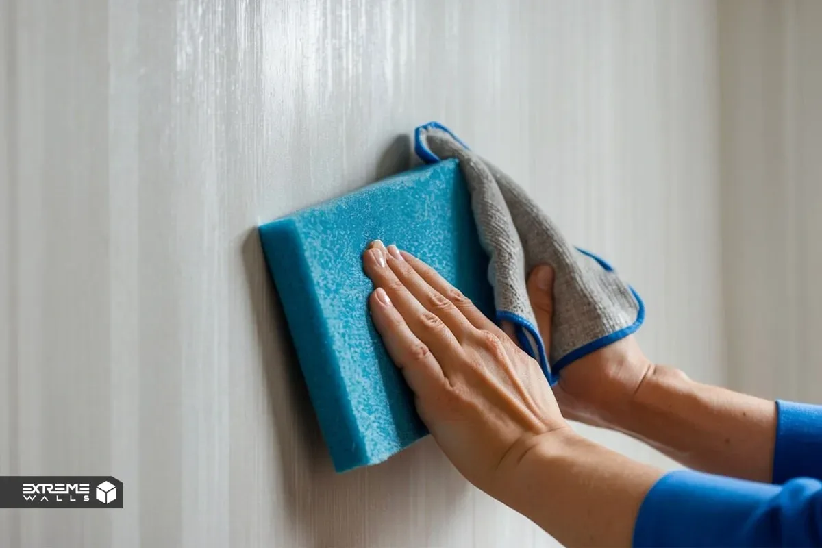 کاربردی ترین روش های ترمیم کاغذ دیواری پاره شده و آسیب دیده 6 فردی در حال برداشتن چسبهای اضافی از درز کاغذ دیواری با دستمال نرم