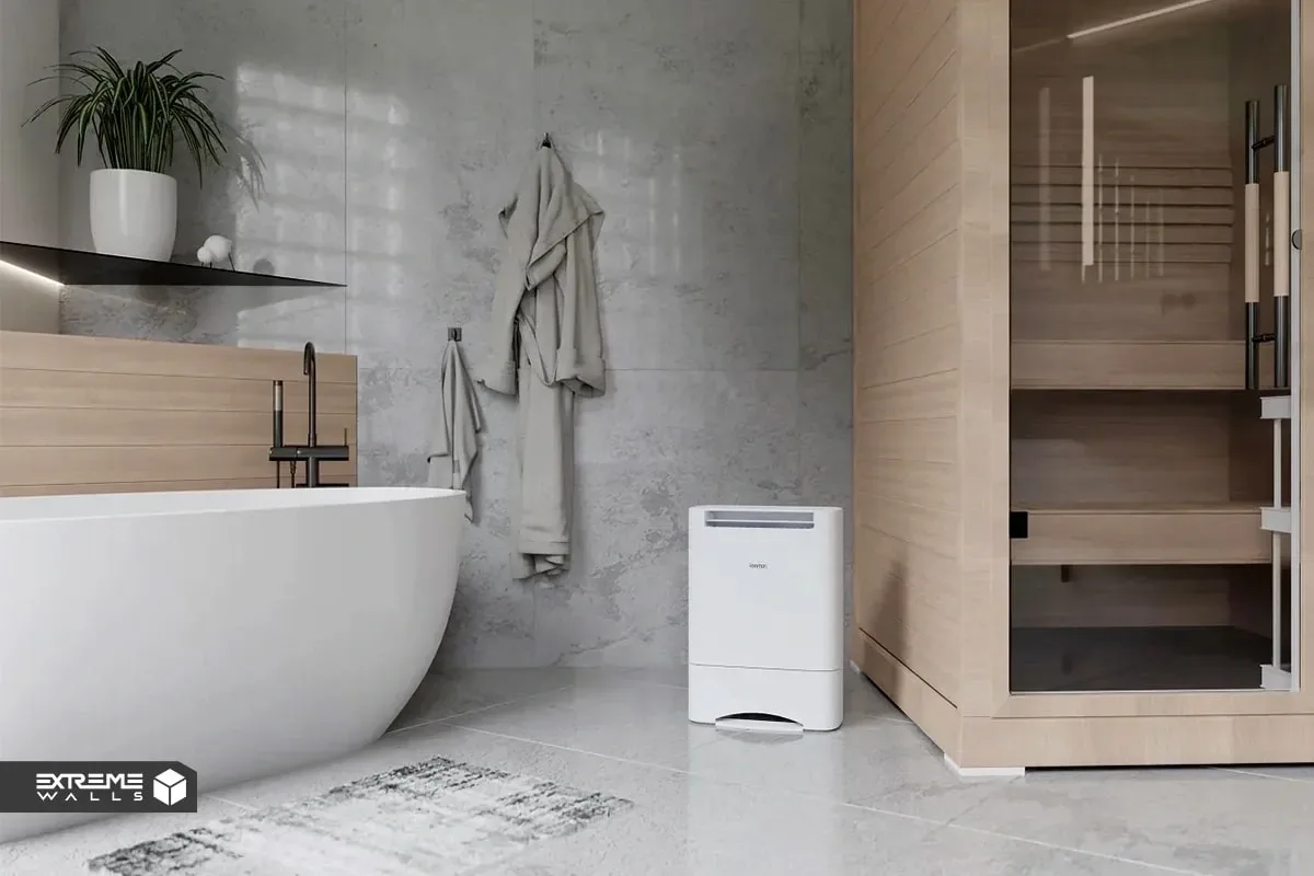 کاربردی ترین روش های ترمیم کاغذ دیواری پاره شده و آسیب دیده 24 یک دستگاه رطوبتگیر در حال کار در سرویس بهداشتی، برای جلوگیری از پوسته شدن کاغذ دیواری .