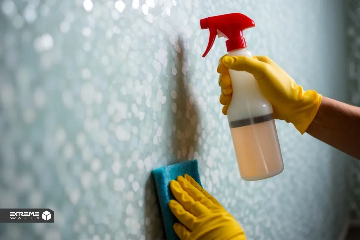 کاربردی ترین روش های ترمیم کاغذ دیواری پاره شده و آسیب دیده 21 نمای نزدیک از کاغذ دیواری در حال تمیز شدن با ترکیب جوش شیرین و مایع ظرفشویی