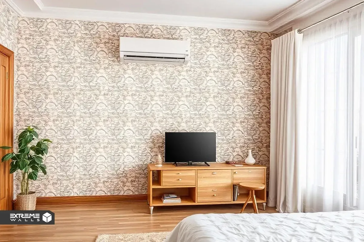 کاربردی ترین روش های ترمیم کاغذ دیواری پاره شده و آسیب دیده 27 تصویر یک کولر در حال کار در فضایی با کاغذ دیواری تازه نصب شده