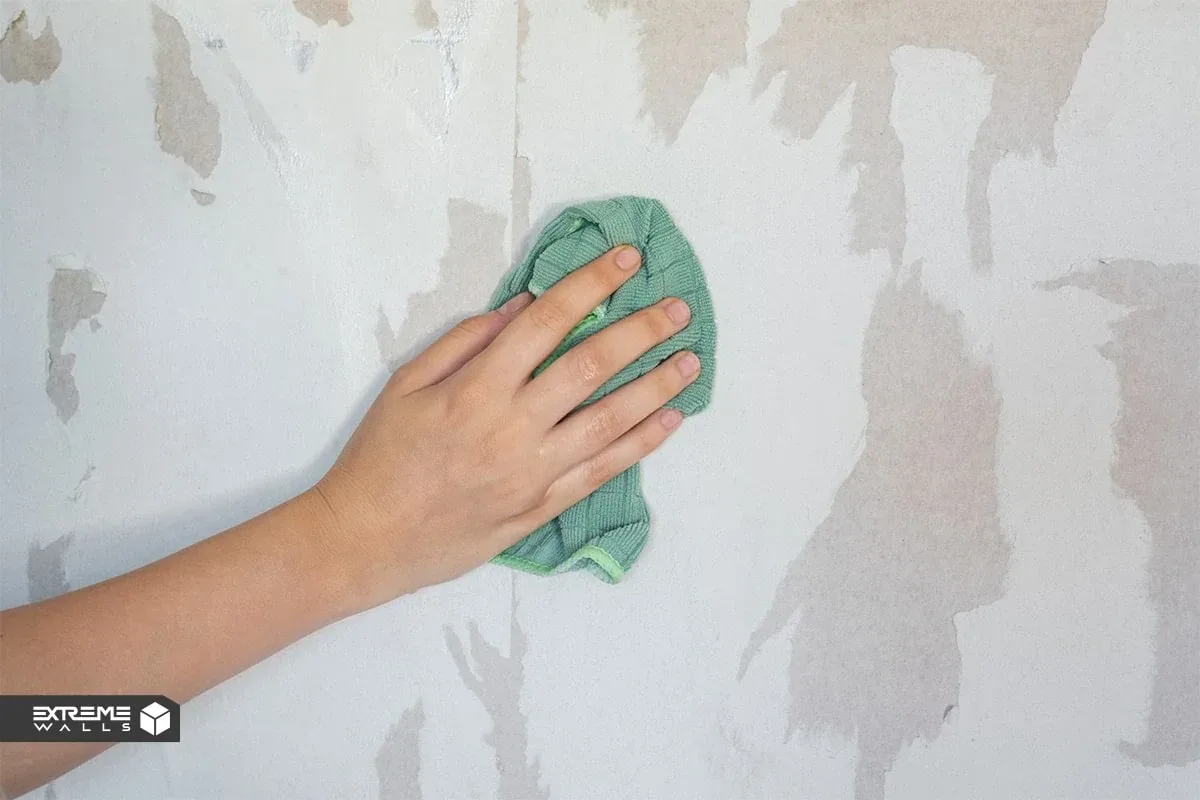 کاربردی ترین روش های ترمیم کاغذ دیواری پاره شده و آسیب دیده 22 تصویر یک فرد درحال تمیز کردن دیوار از گرد و غبار، آماده برای نصب کاغذ دیواری.