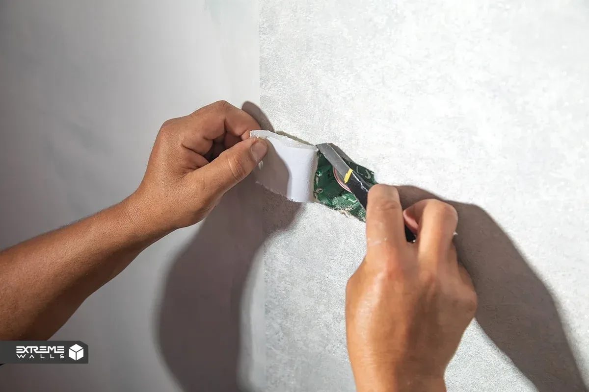 کاربردی ترین روش های ترمیم کاغذ دیواری پاره شده و آسیب دیده 19 فردی در حال استفاده از ابزار تیزبر برای مرتب کردن لبههای کاغذ دیواری تازه نصب شده