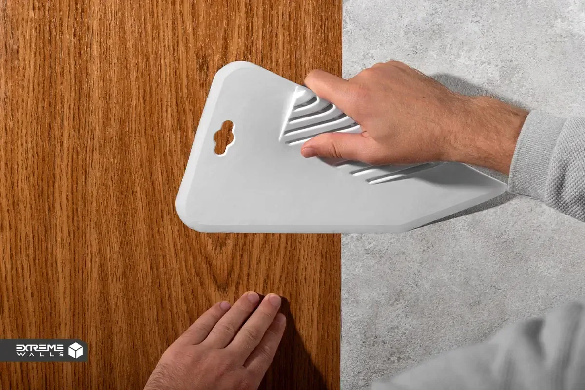 کاربردی ترین روش های ترمیم کاغذ دیواری پاره شده و آسیب دیده 17 نمای نزدیک از استفاده از ابزار هواگیری برای خارج کردن حبابهای هوا از زیر کاغذ دیواری