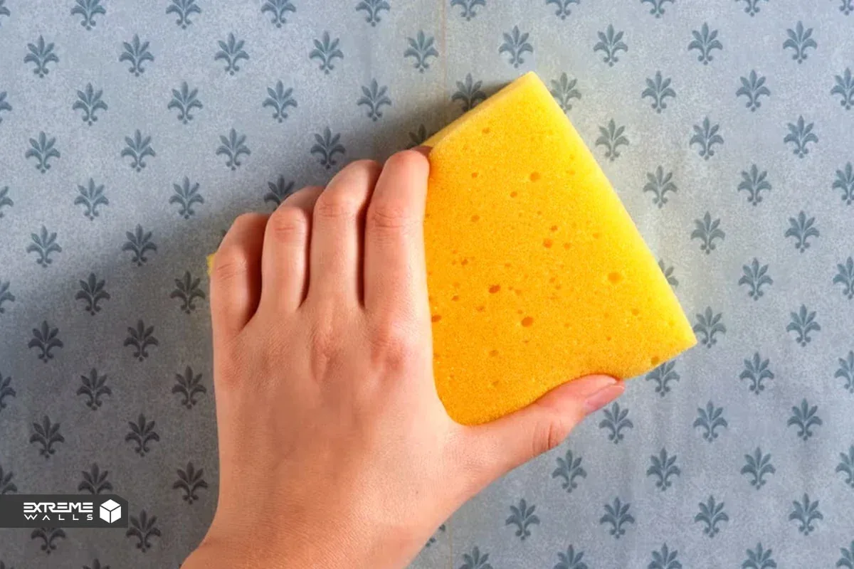 کاربردی ترین روش های ترمیم کاغذ دیواری پاره شده و آسیب دیده 18 تصویر یک اسفنج مرطوب در حال پاک کردن چسب اضافی از اطراف کاغذ دیواری