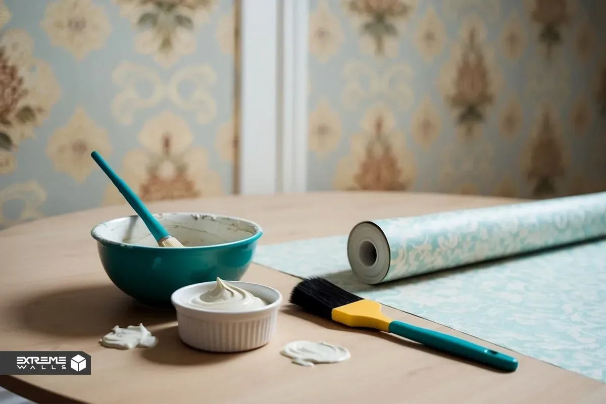 کاربردی ترین روش های ترمیم کاغذ دیواری پاره شده و آسیب دیده 15 چسب مخصوص و ابزار هواگیری در کنار دیوار در حال ترمیم با کاغذ دیواری جدید