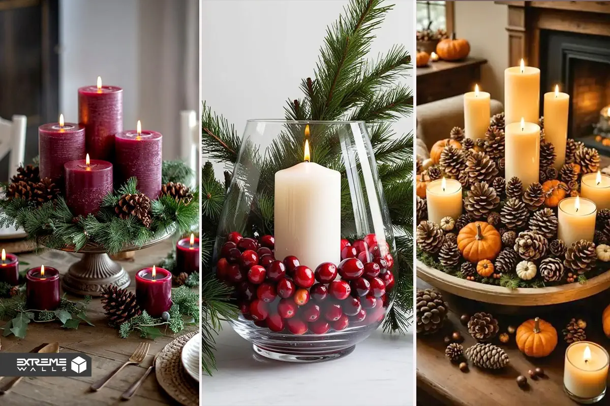 دیزاین شمع و مخروط کاج برای تزیین میز