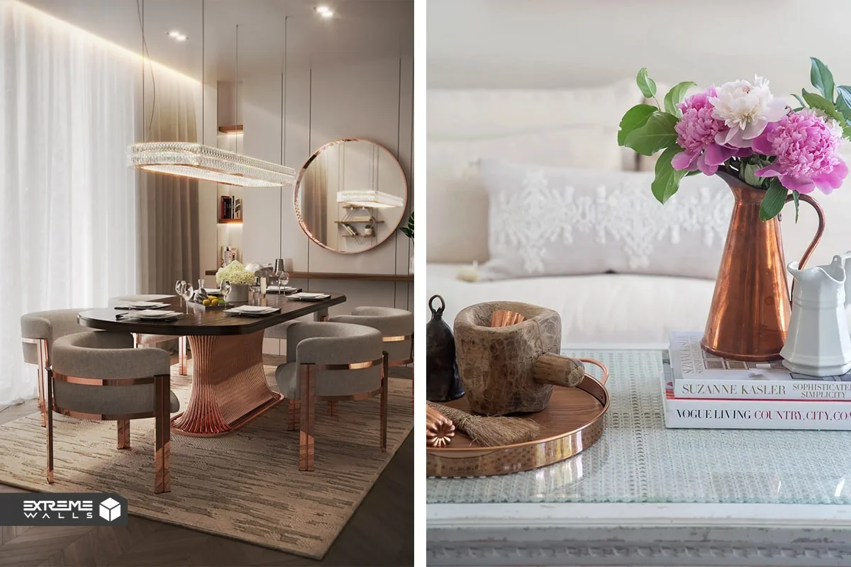 استفاده از رنگهای متالیک در دکوراسیون داخلی|طراحی لاکچری 12 "رنگهای متالیک در دکوراسیون داخلی؛ زیبایی مسی در اکسسوریهای مدرن"