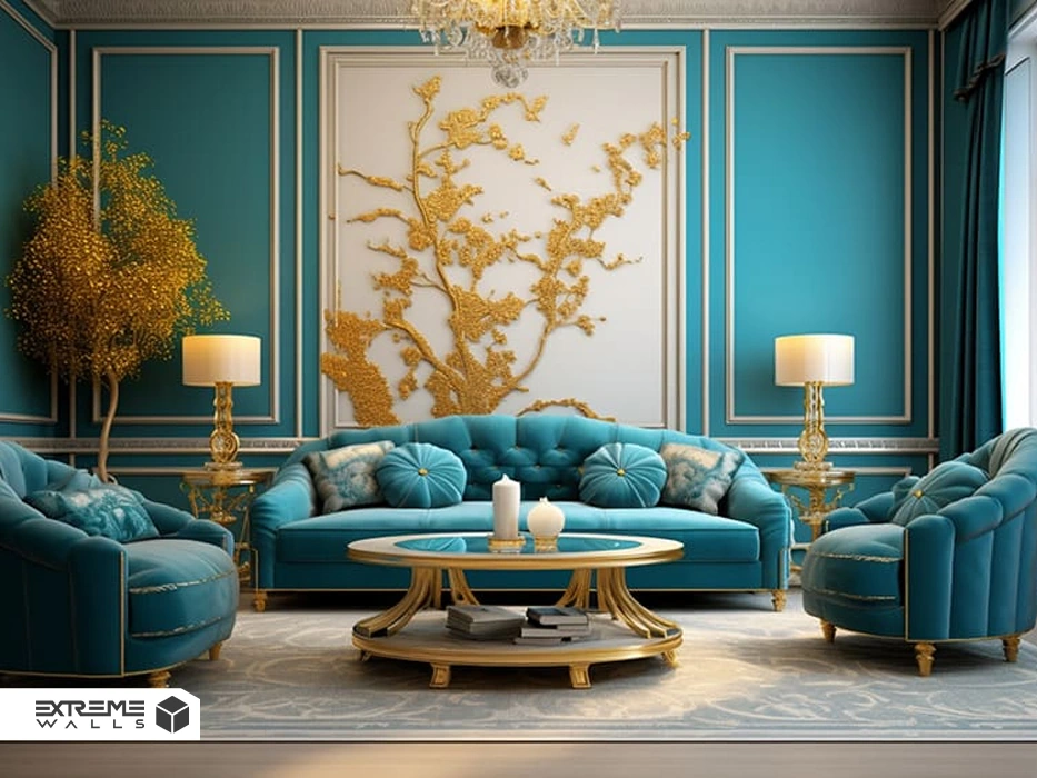 ترکیب رنگ طلایی و فیروزه ای در دکوراسیون داخلی