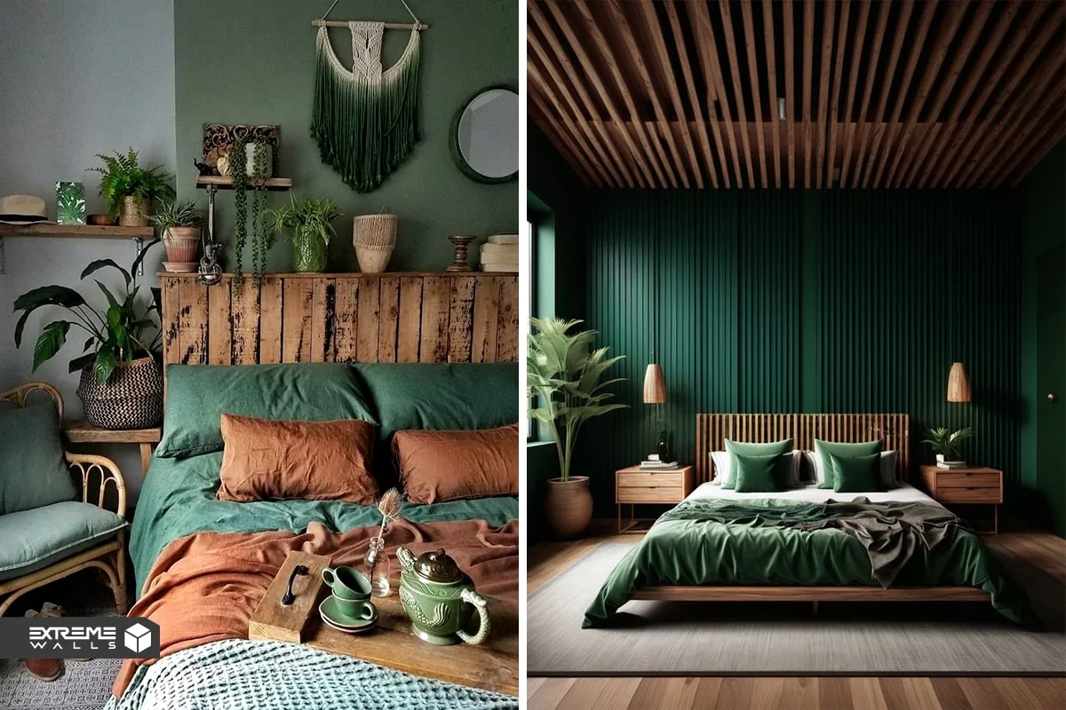 جدیدترین ایده های طراحی اتاق خواب با تم و دکور سبز رنگ 3 استفاده از کاغذ دیواری سبز و قهوه ای