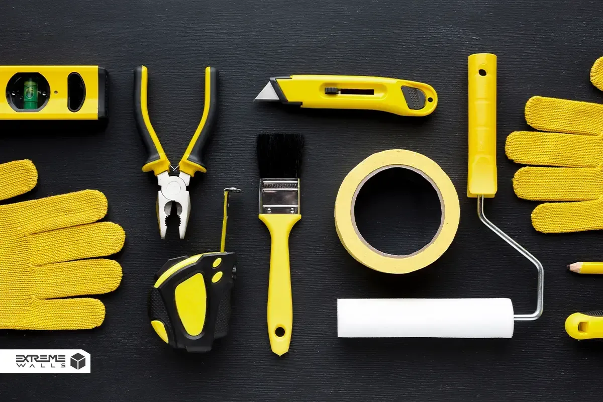 ابزارهای مورد نیاز برای برش دقیق کاغذ دیواری شامل کاتر، خط‌کش فلزی، مداد، پیچ‌گوشتی و چسب