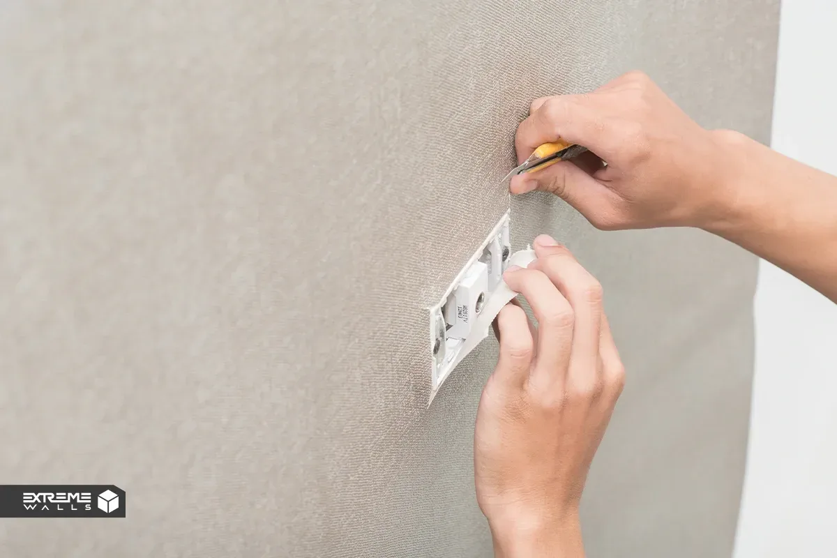 نصب حرفه‌ای کاغذ دیواری با حفظ تقارن طرح‌ها و جلوگیری از لک شدن اطراف کلید و پریز