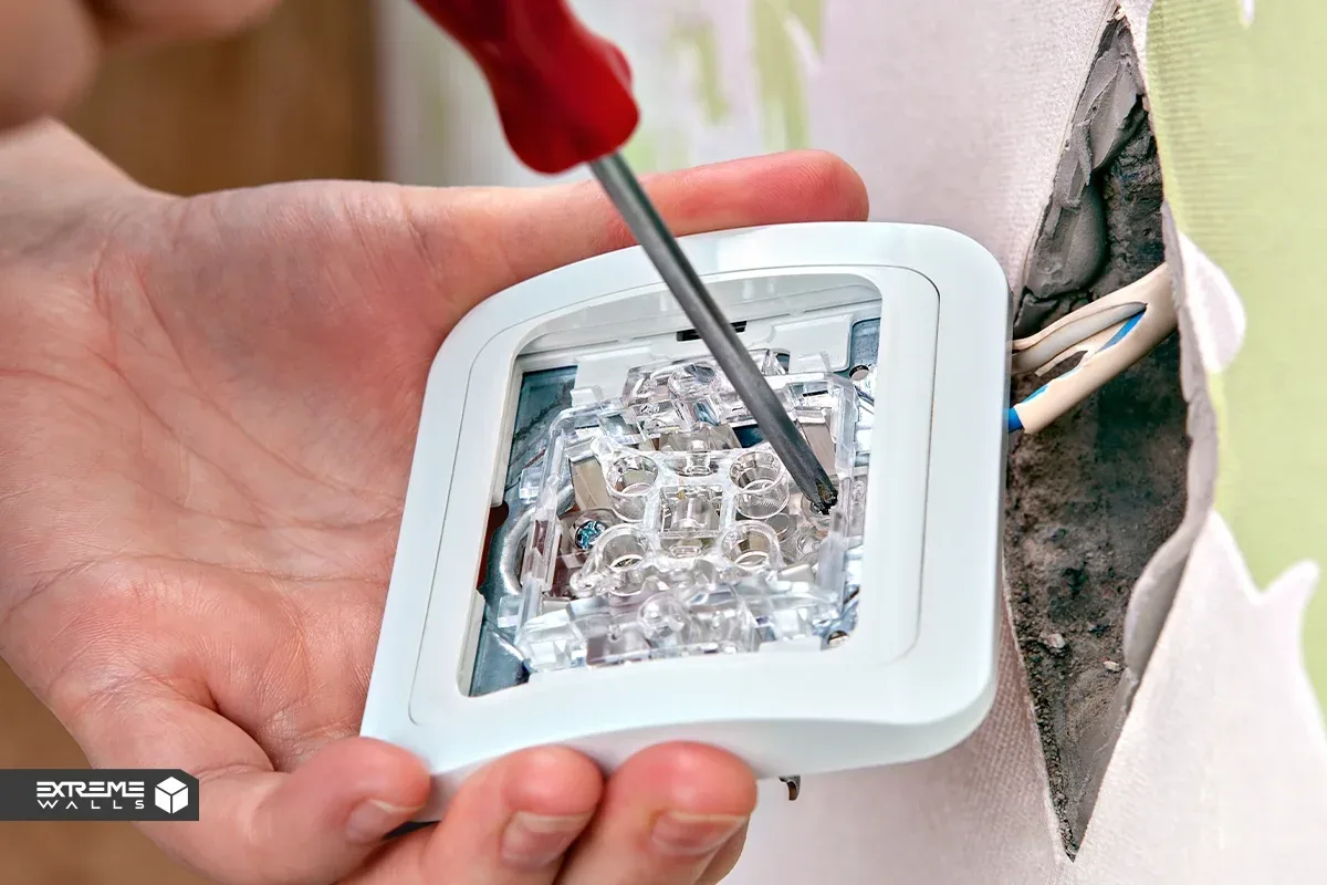 نکات ایمنی هنگام نصب کاغذ دیواری شامل قطع برق و استفاده از دستکش هنگام کار با کاتر