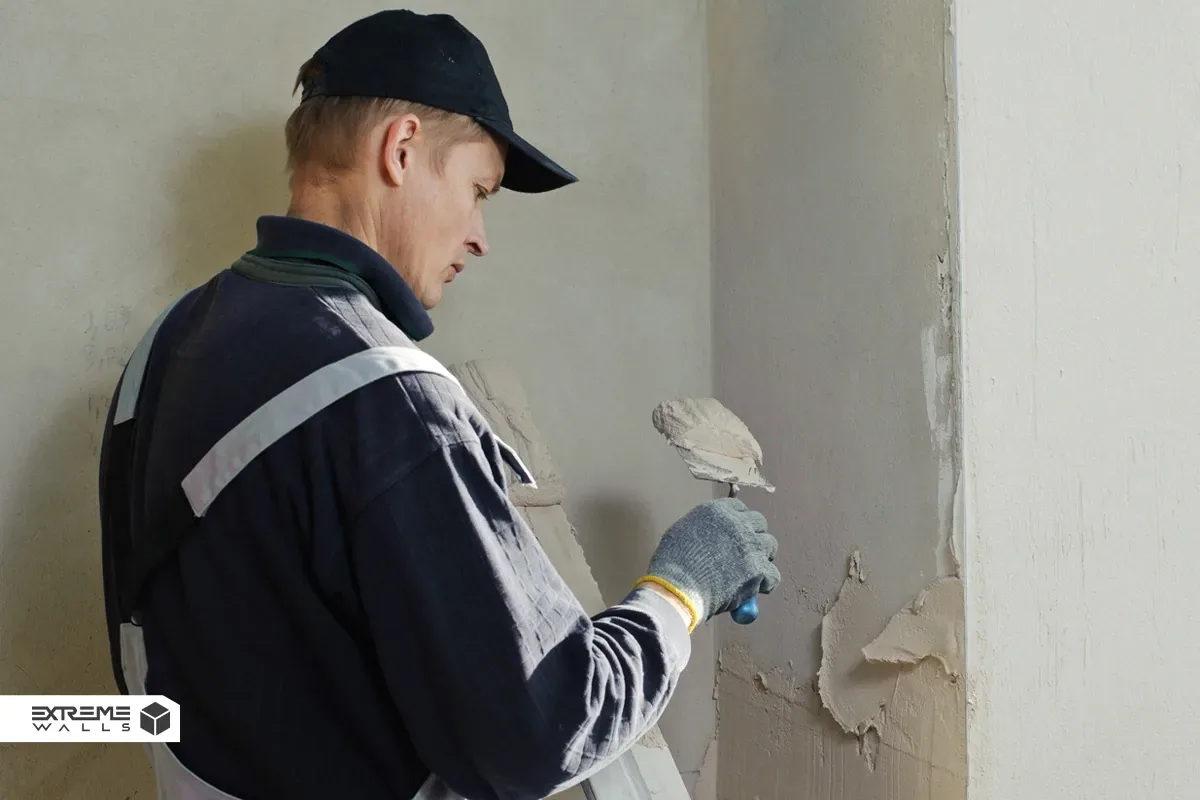 کاغذ دیواری یا گچکاری؟ بهترین راه پنهان کردن ترکهای عمیق دیوار 3 یک گچکار که در حال گچکاری است