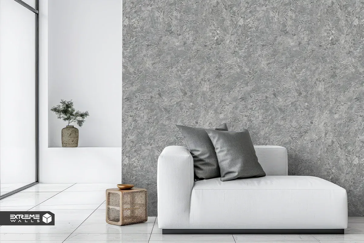 دکوراسیون مینیمال با مبلمان طوسی و کاغذ دیواری طوسی روشن