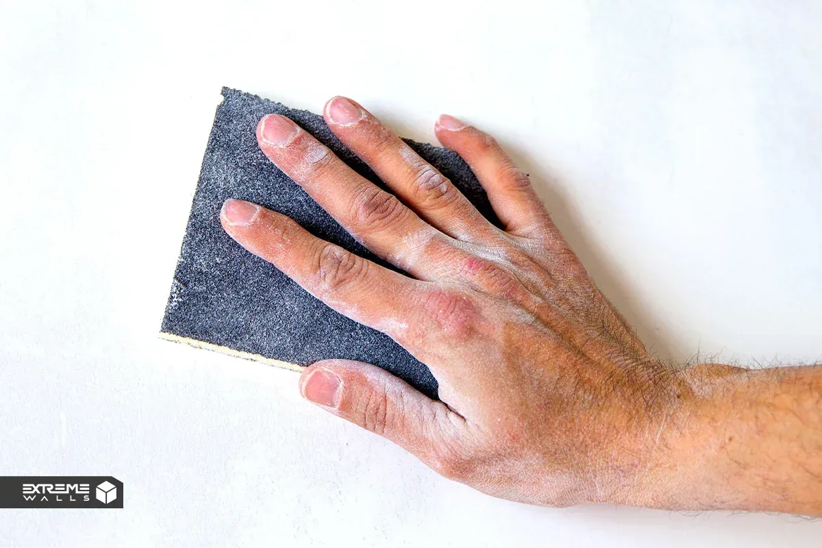 چرا بعضی کاغذ دیواریها بعد از چند ماه باد میکنند؟ راهحل رفع باد کردن کاغذ دیواری 11 سنباده زنی دیوار