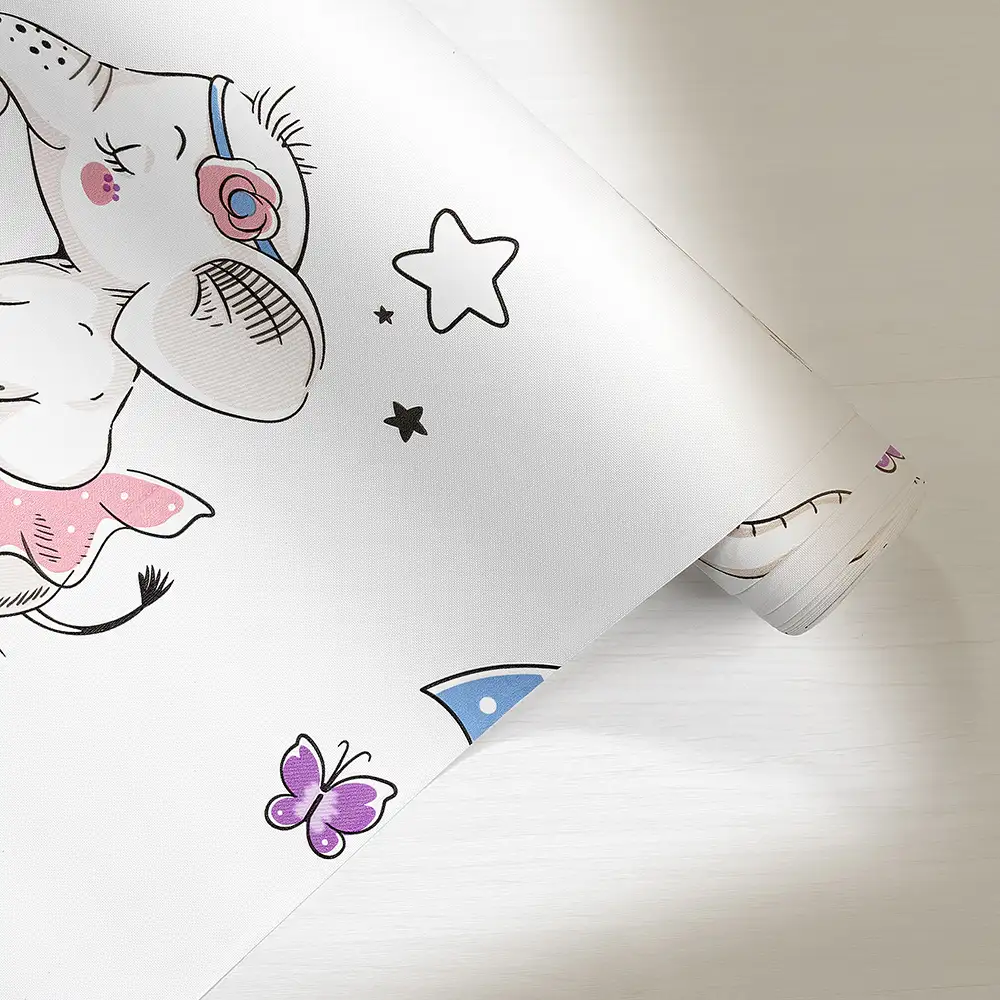 کاغذ دیواری کودک طرح فیل کوچولوها | رنگ سفید کد 12005 8 کاغذ دیواری کودک طرح فیل کوچولوها | رنگ سفید کد 12005 رول باز شده