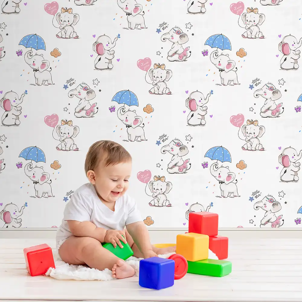 کاغذ دیواری کودک طرح فیل کوچولوها | رنگ سفید کد 12005 6 کاغذ دیواری کودک طرح فیل کوچولوها | رنگ سفید کد 12005 کودک