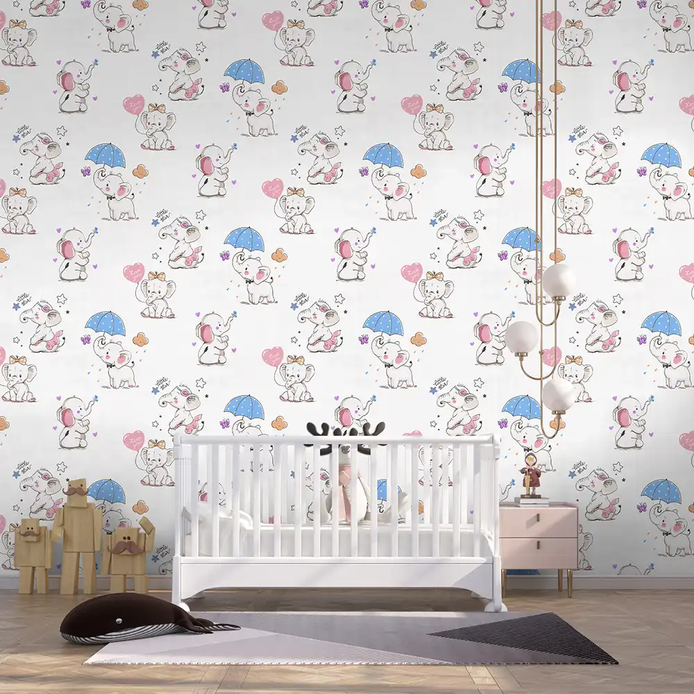 کاغذ دیواری کودک طرح فیل کوچولوها | رنگ سفید کد 12005 2 کاغذ دیواری کودک طرح فیل کوچولوها | رنگ سفید کد 12005 تخت