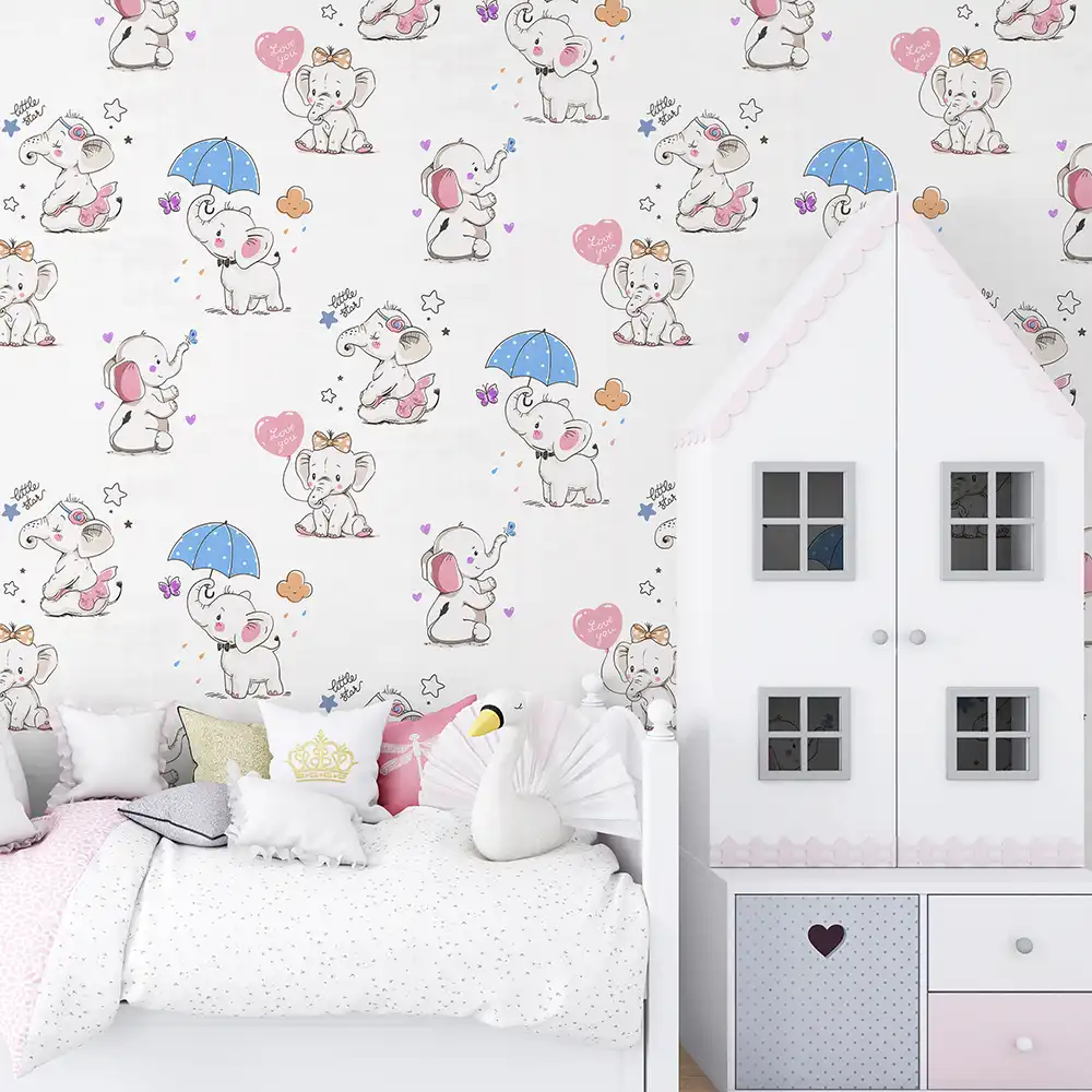 کاغذ دیواری کودک طرح فیل کوچولوها | رنگ سفید کد 12005 3 کاغذ دیواری کودک طرح فیل کوچولوها | رنگ سفید کد 12005 تخت خواب