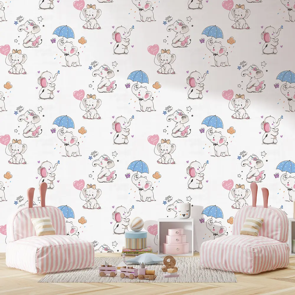 کاغذ دیواری کودک طرح فیل کوچولوها | رنگ سفید کد 12005 4 کاغذ دیواری کودک طرح فیل کوچولوها | رنگ سفید کد 12005 موکاپ