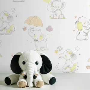 کاغذ دیواری کودک طرح فیل های کوچک | سفید لیمویی کد 12009 شاخص