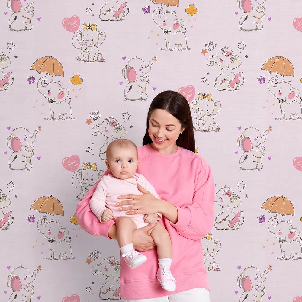کاغذ دیواری کودک طرح فیل های کوچک | صورتی کد 12013 5 کاغذ دیواری کودک طرح فیل های کوچک | صورتی کد 12013 مادر و فرزند