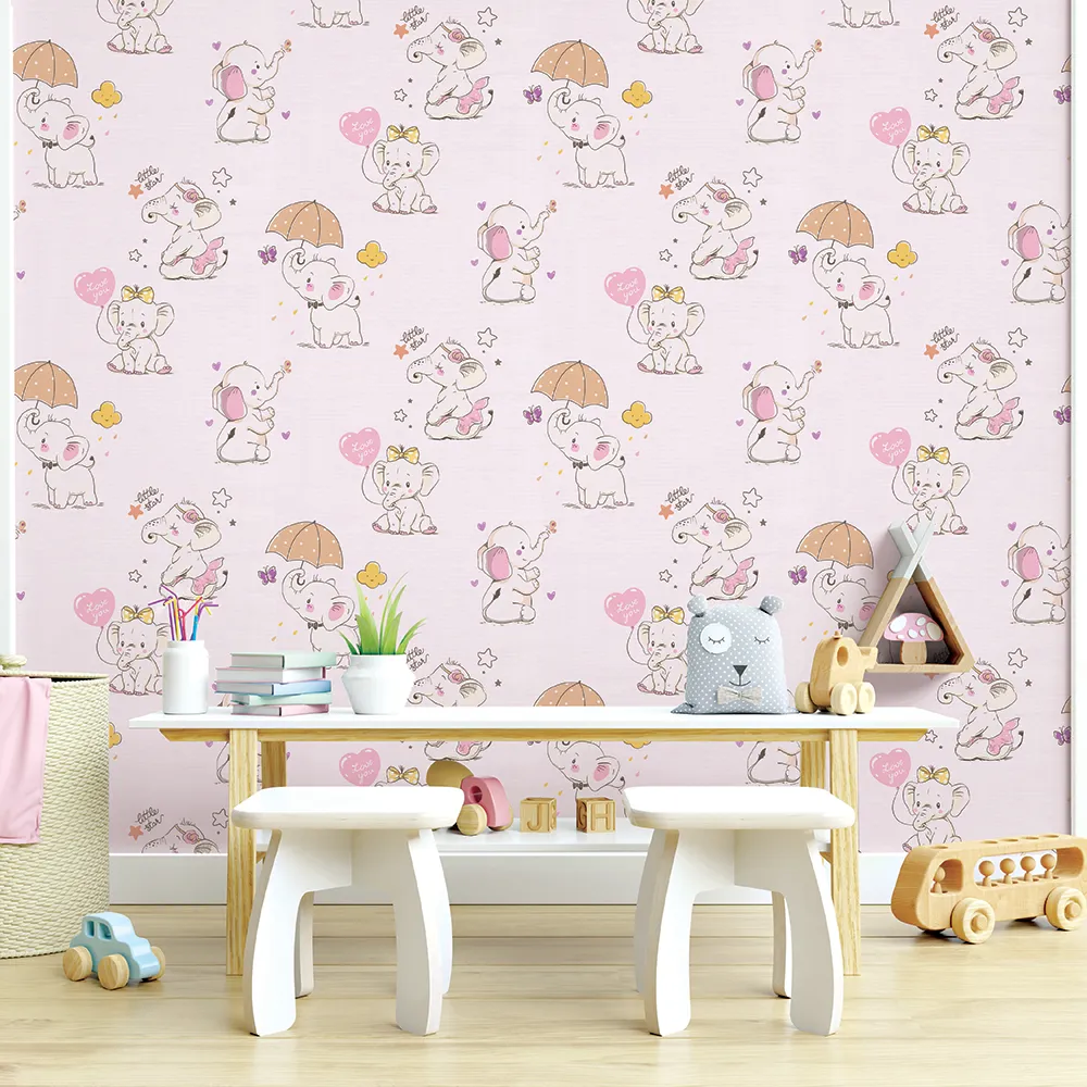 کاغذ دیواری کودک طرح فیل های کوچک | صورتی کد 12013 3 کاغذ دیواری کودک طرح فیل های کوچک | صورتی کد 12013 میز