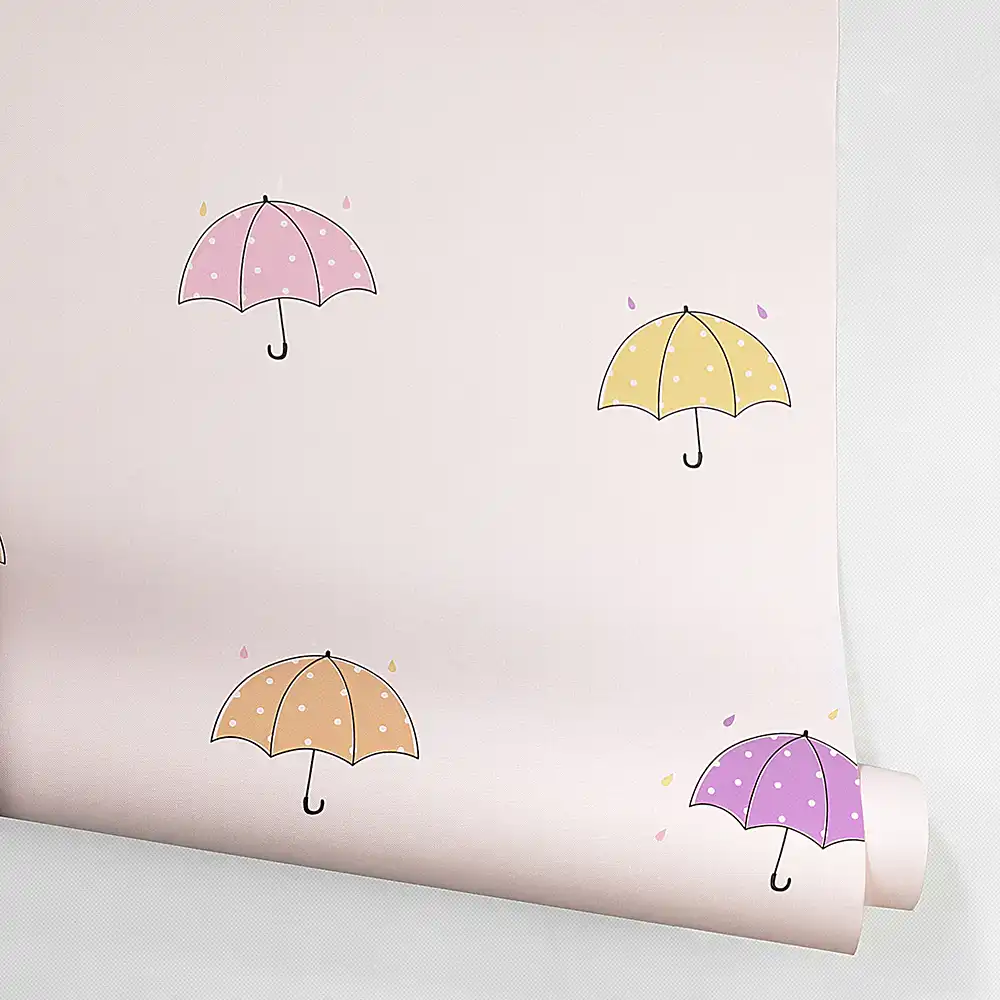 کاغذ دیواری کودک طرح چترهای رنگی | صورتی کد 12016 6 کاغذ دیواری کودک طرح چترهای رنگی کد 12016 رول باز شده