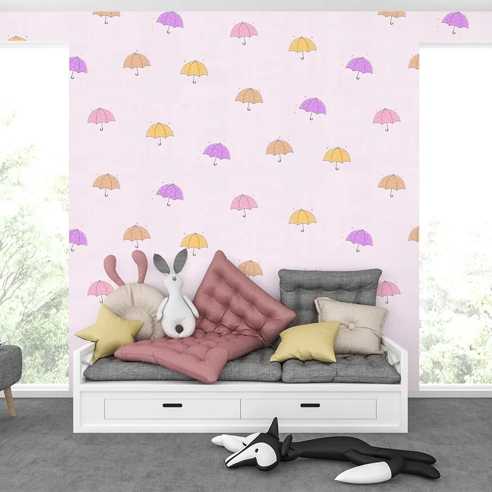 کاغذ دیواری کودک طرح چترهای رنگی | صورتی کد 12016 3 کاغذ دیواری کودک طرح چترهای رنگی کد 12016 موکاپ