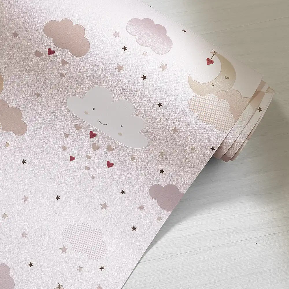 کاغذ دیواری کودک طرح آسمان ابری | صورتی کد 12021 9 کاغذ دیواری کودک طرح آسمان ابری | صورتی کد 12021 رول باز شده