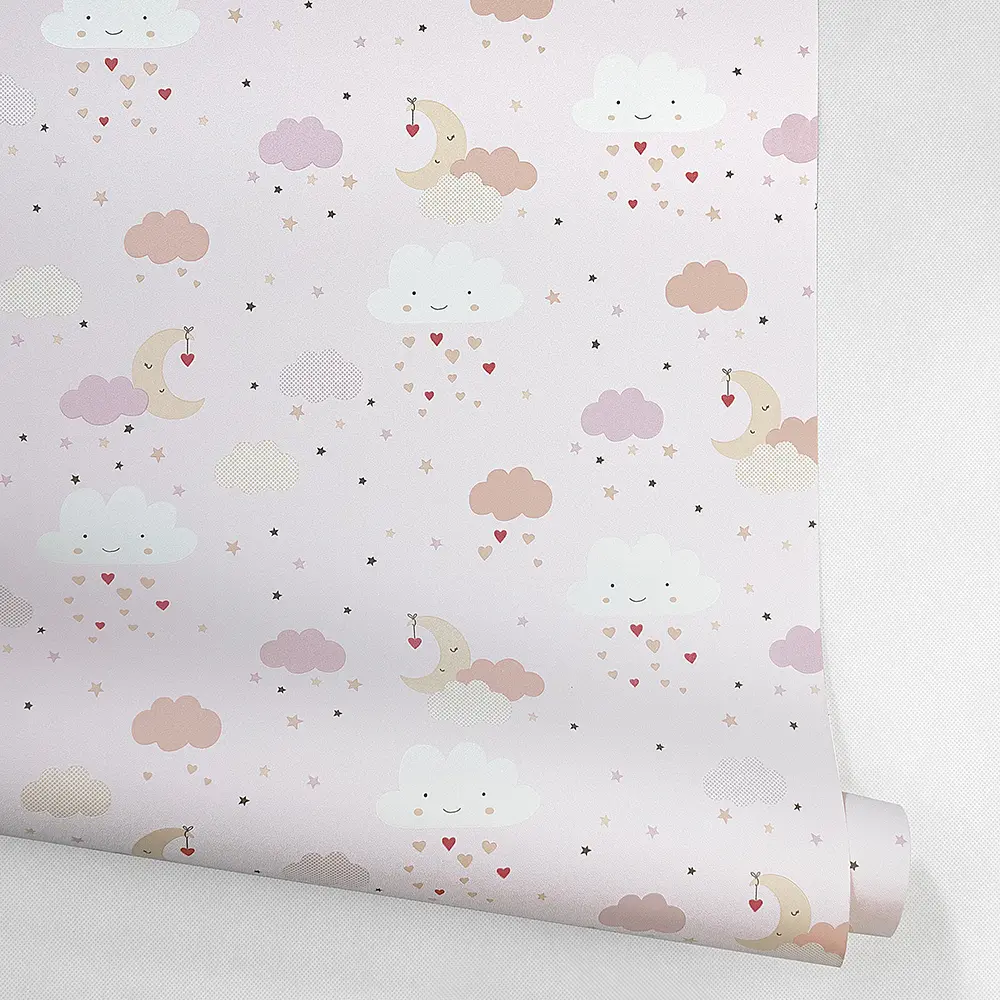 کاغذ دیواری کودک طرح آسمان ابری | صورتی کد 12021 7 کاغذ دیواری کودک طرح آسمان ابری | صورتی کد 12021 رول باز شده