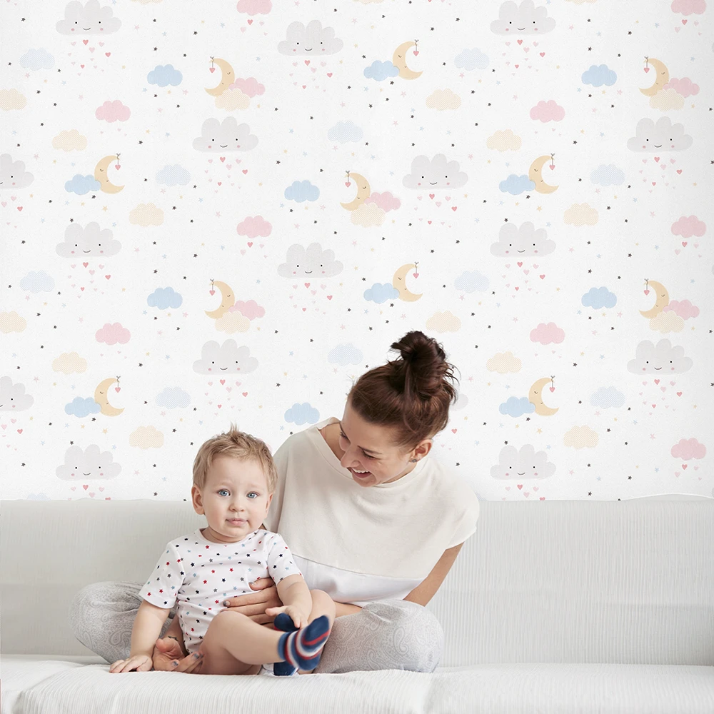 کاغذ دیواری کودک طرح آسمان ابری | سفید کد 12025 2 کاغذ دیواری کودک طرح آسمان ابری | سفید کد 12025 مادر و فرزند